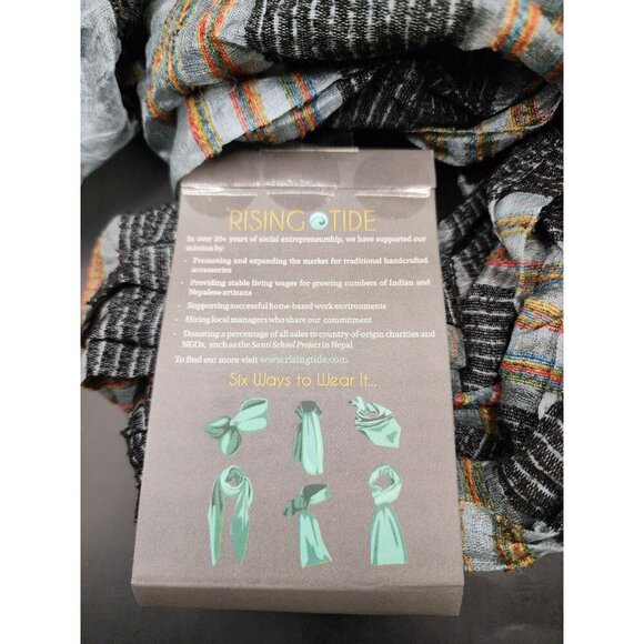 Rising Tide Silk Rayon Scarf Gray Multicolor Open Knit Fringed Hem Made in India - Picture 5 of 5